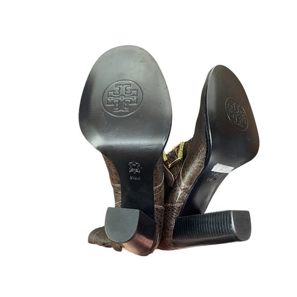 Tory Burch Women's 9.5M Brown Leather Jaden Buckle Textured Heel Boots EUC - Picture 5 of 6